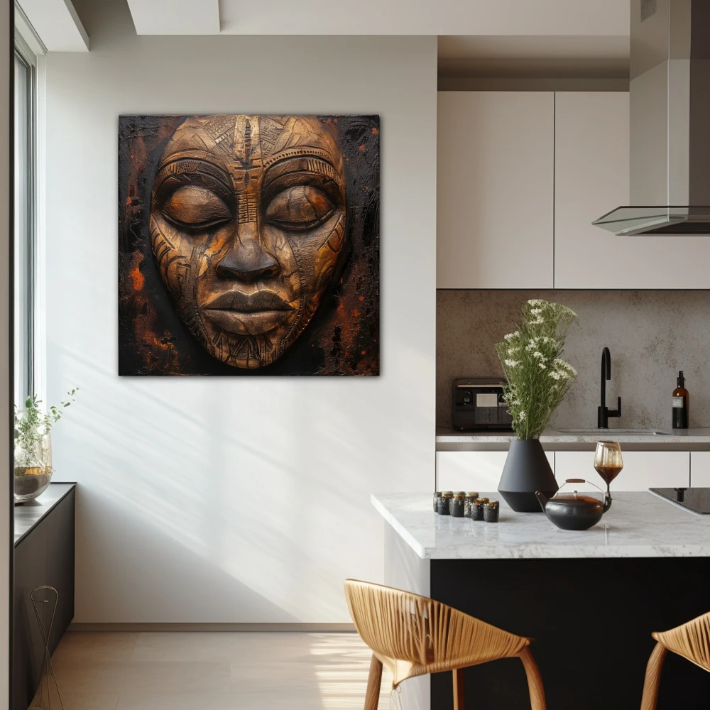 Cuadro serenidad tallada en formato cuadrado con colores marrón, monocromático; decorando pared de cocina