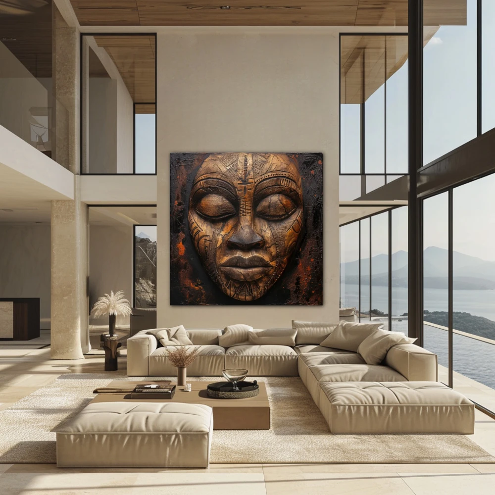 Cuadro serenidad tallada en formato cuadrado con colores marrón, monocromático; decorando pared de encima del sofá