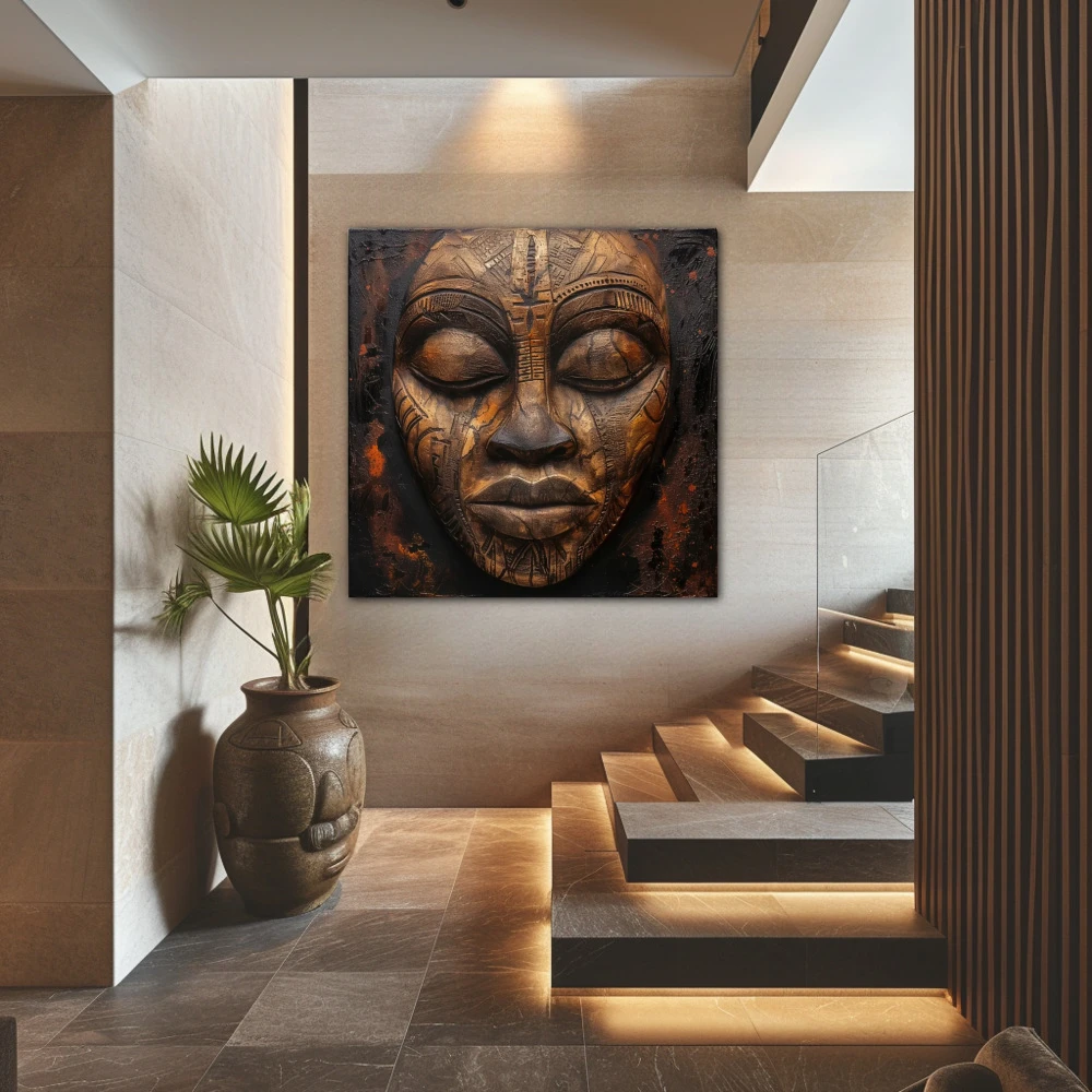 Cuadro serenidad tallada en formato cuadrado con colores marrón, monocromático; decorando pared de escalera