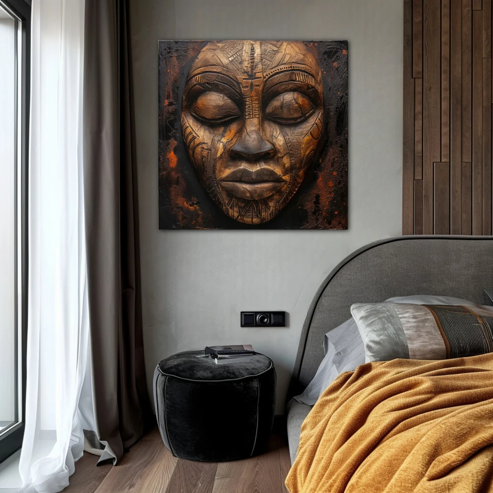 Cuadro serenidad tallada en formato cuadrado con colores marrón, monocromático; decorando pared de habitación dormitorio