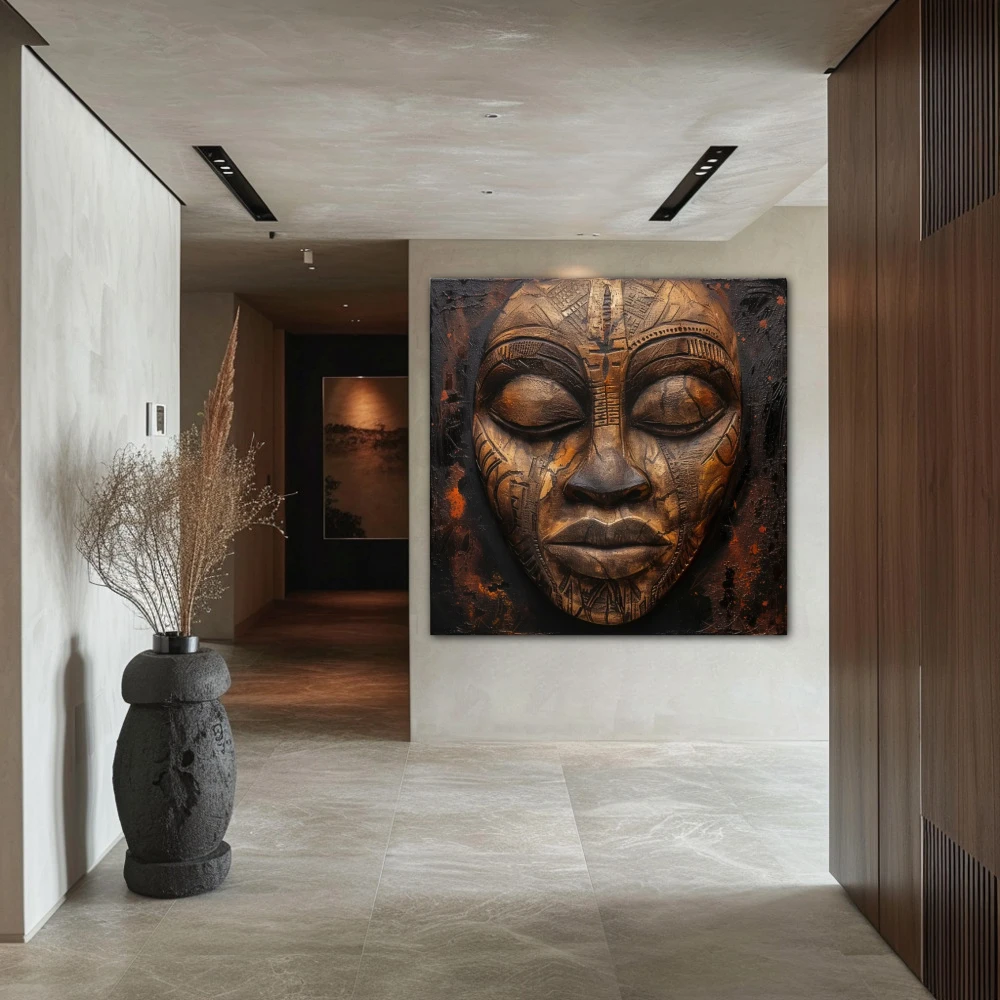 Cuadro serenidad tallada en formato cuadrado con colores marrón, monocromático; decorando pared de pasillo