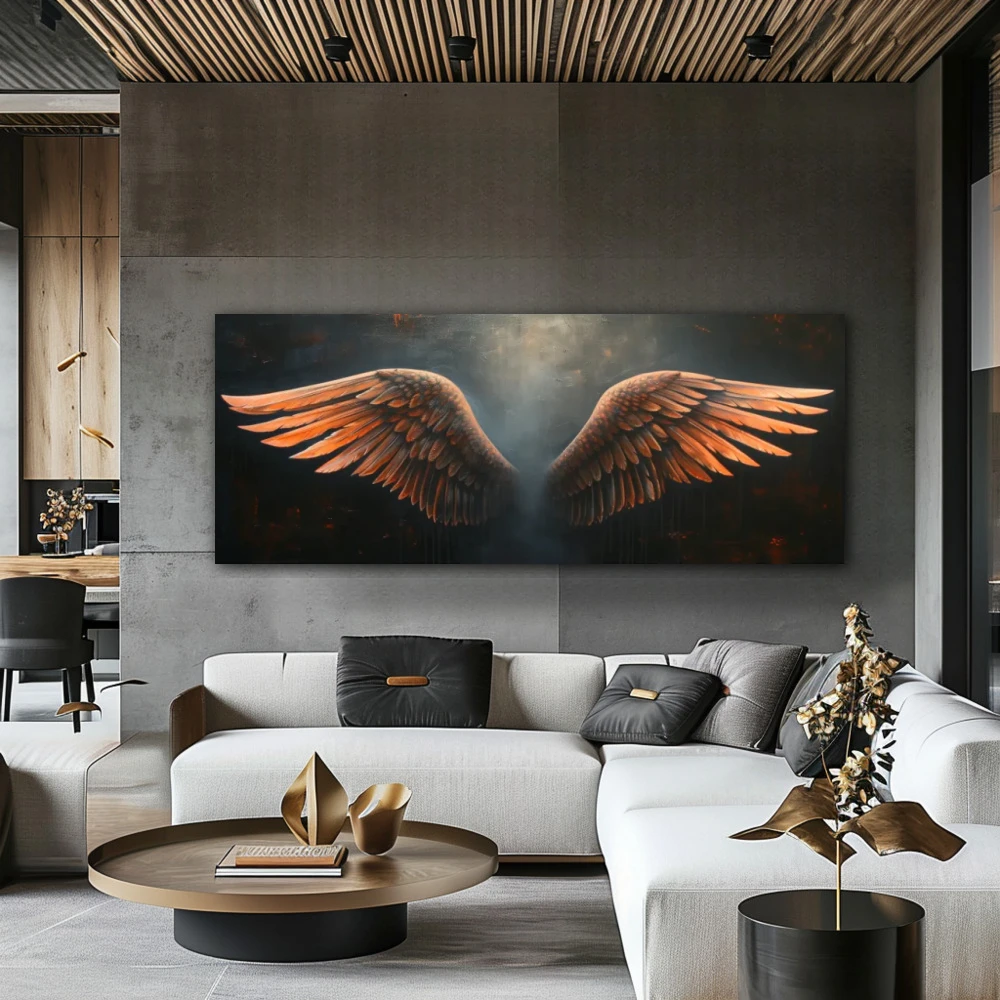 Cuadro ecos de libertad en formato apaisado con colores gris, marrón; decorando pared de salón comedor