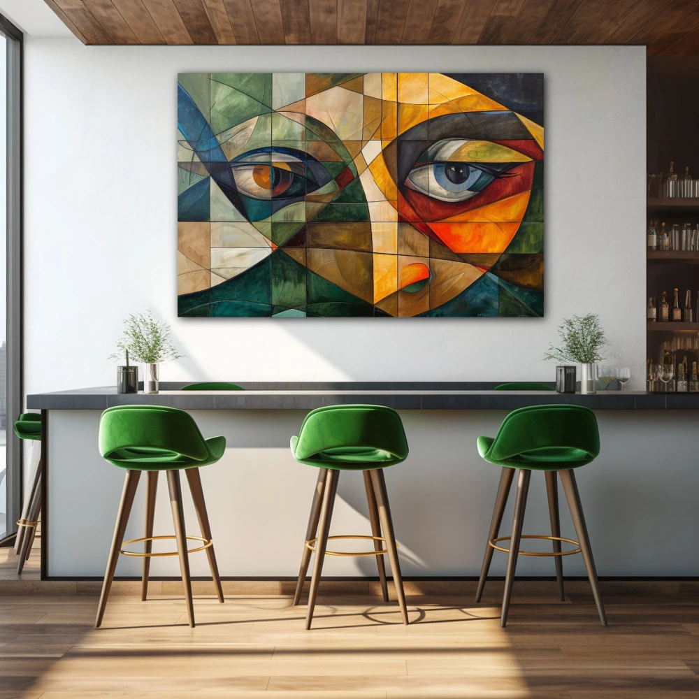 Wall Art titled: Shreds of Lost Gaze in a Horizontal format with: Yellow, Brown, and Green Colors; Decoration the Bar wall