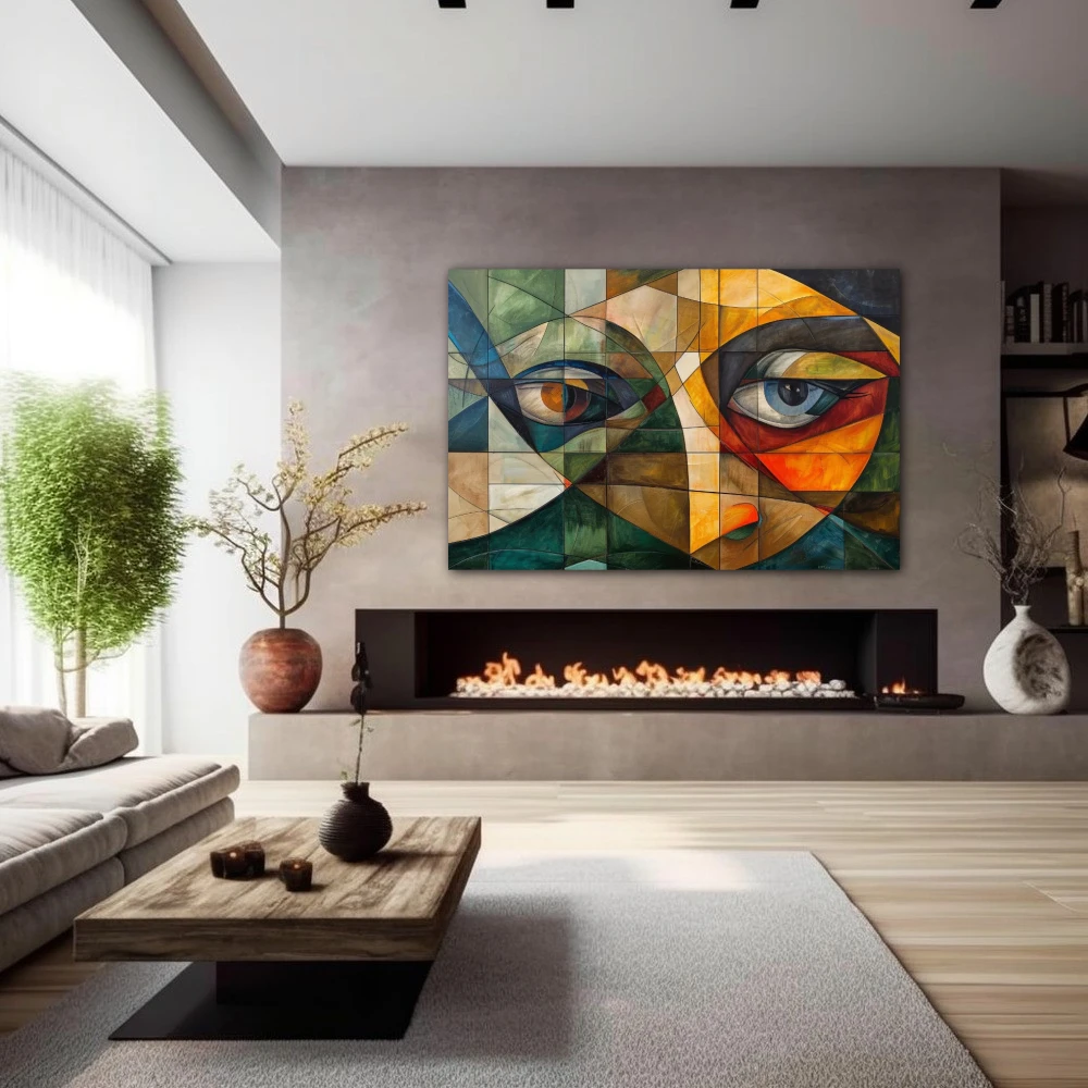 Wall Art titled: Shreds of Lost Gaze in a Horizontal format with: Yellow, Brown, and Green Colors; Decoration the Fireplace wall