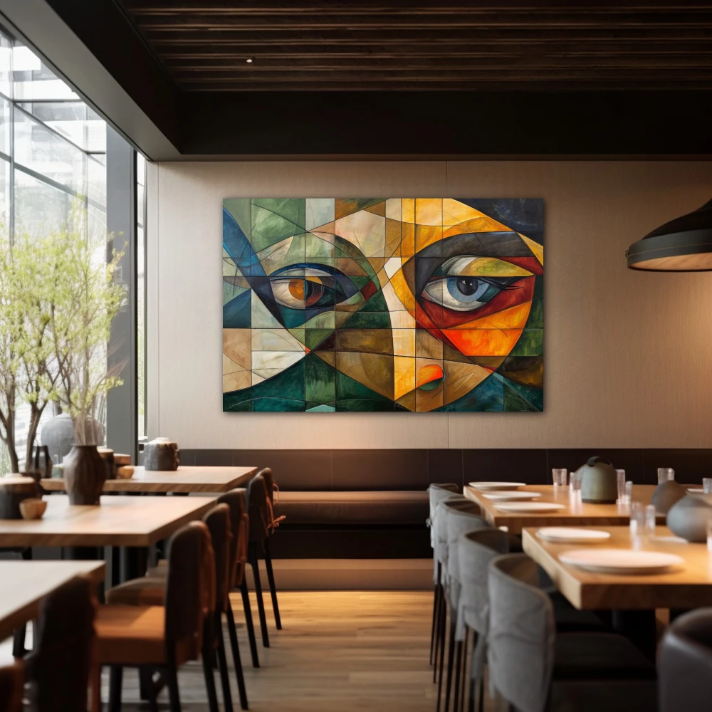 Cuadro retazos de mirada perdida en formato horizontal con colores amarillo, marrón, verde; decorando pared de restaurante