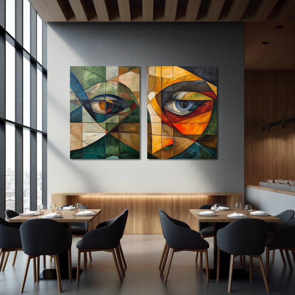 Cuadro retazos de mirada perdida en formato díptico con colores amarillo, marrón, verde; decorando pared de restaurante