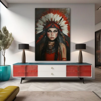 Wall Art titled: Guardian of Sacred Secrets in a Vertical format with: and Red Colors; Decoration the Sideboard wall