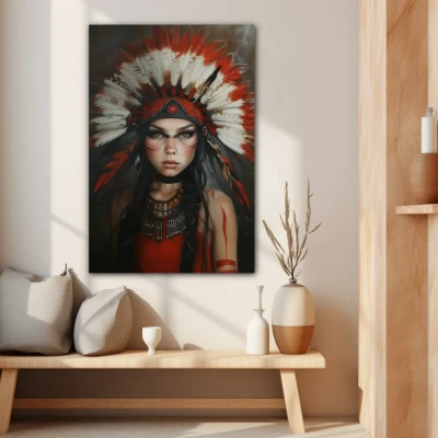 Wall Art titled: Guardian of Sacred Secrets in a  format with: and Red Colors; Decoration the Beige Wall wall