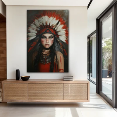 Wall Art titled: Guardian of Sacred Secrets in a  format with: and Red Colors; Decoration the Entryway wall