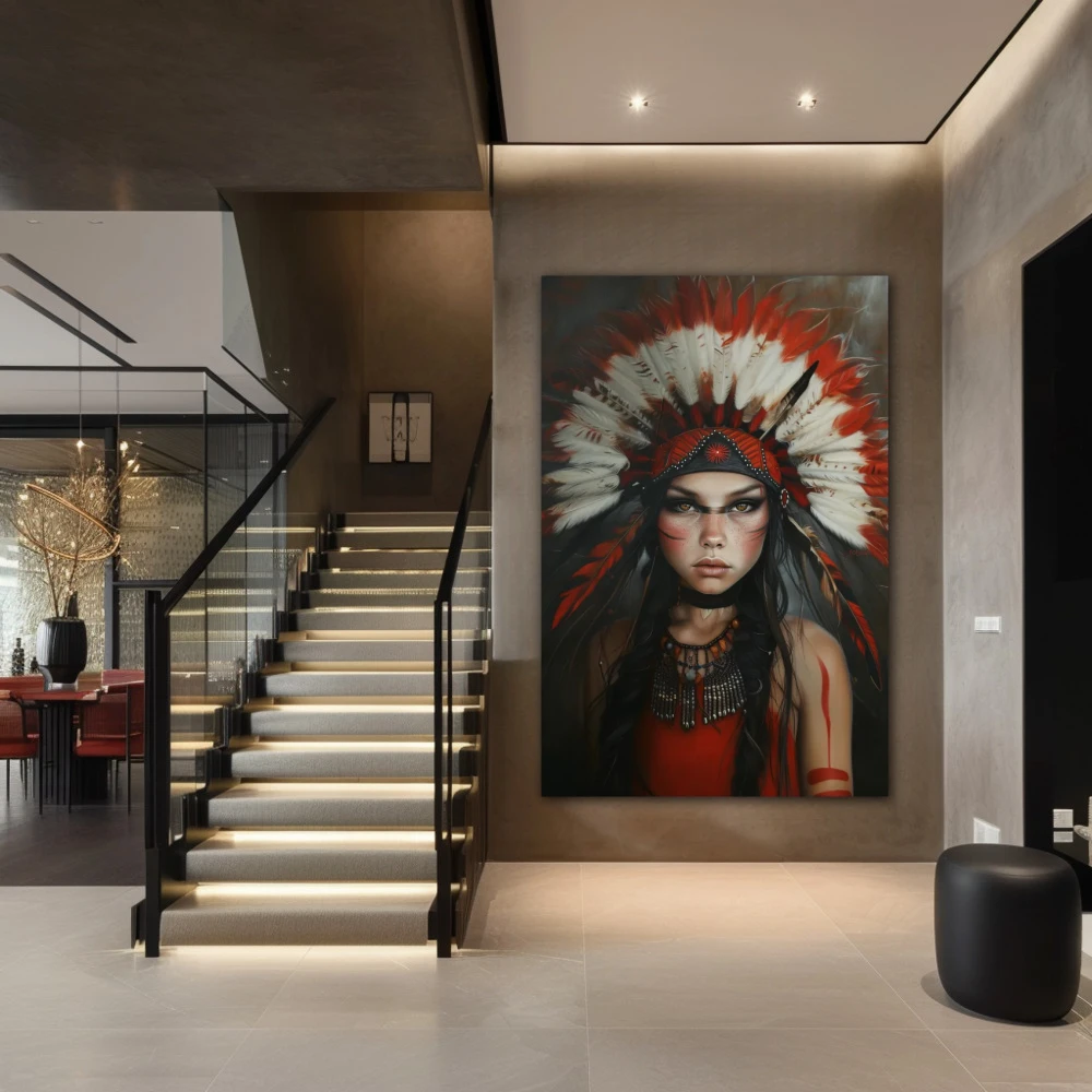 Wall Art titled: Guardian of Sacred Secrets in a Vertical format with: and Red Colors; Decoration the Staircase wall