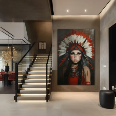 Wall Art titled: Guardian of Sacred Secrets in a  format with: and Red Colors; Decoration the Staircase wall