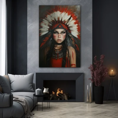 Wall Art titled: Guardian of Sacred Secrets in a  format with: and Red Colors; Decoration the Grey Walls wall