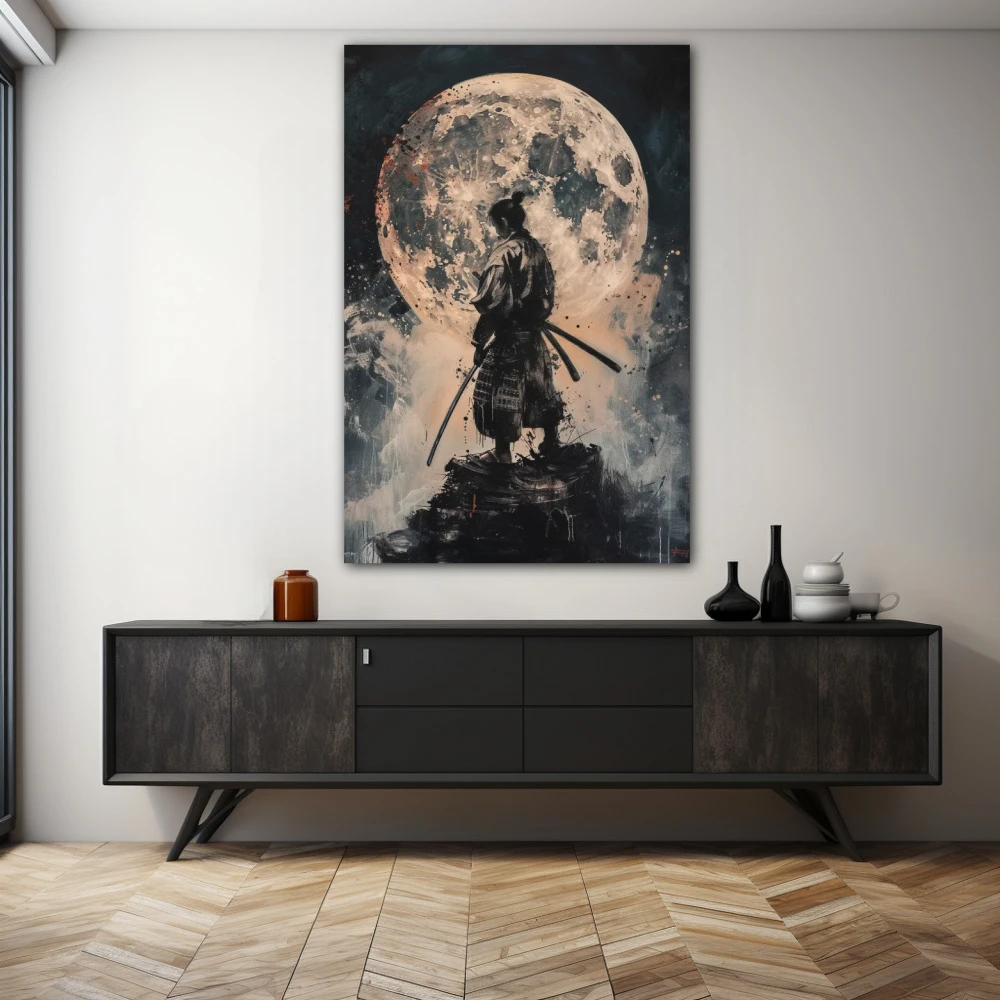 Wall Art titled: Blood Moon Samurai in a Vertical format with: Grey, and Monochromatic Colors; Decoration the Sideboard wall