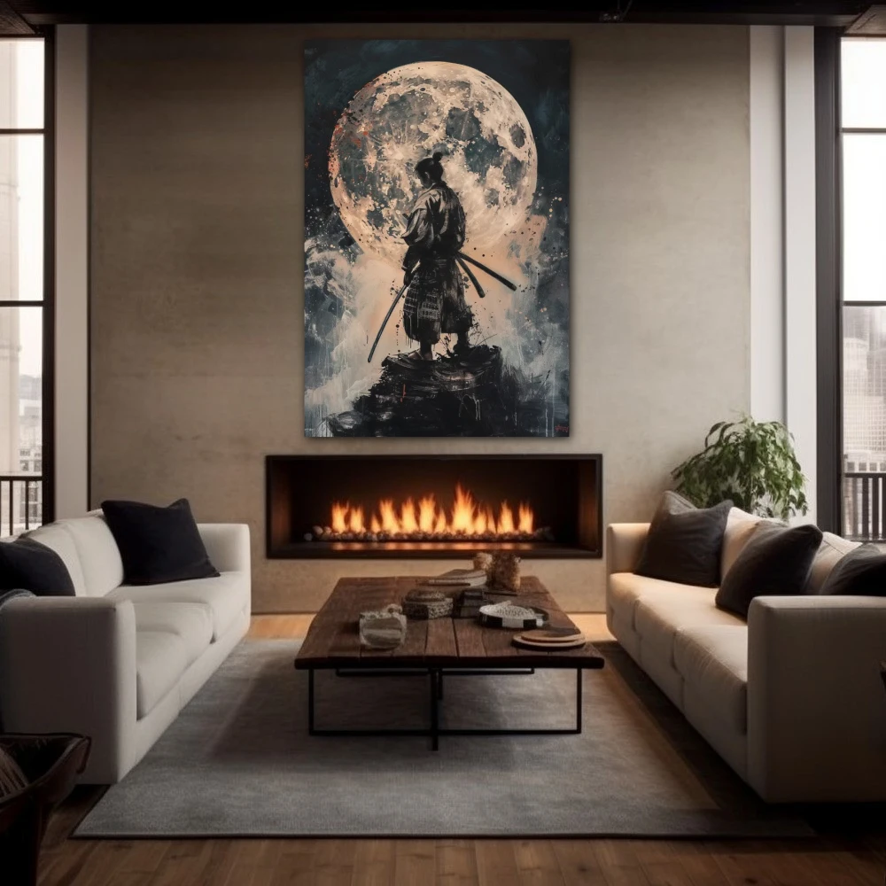 Wall Art titled: Blood Moon Samurai in a Vertical format with: Grey, and Monochromatic Colors; Decoration the Fireplace wall