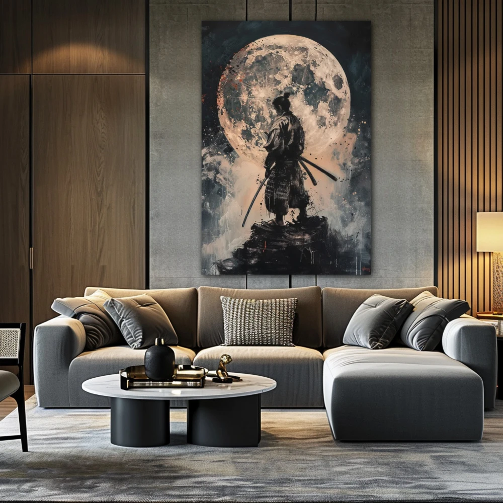 Cuadro luna de sangre samurai en formato vertical con colores gris, monocromático; decorando pared de encima del sofá