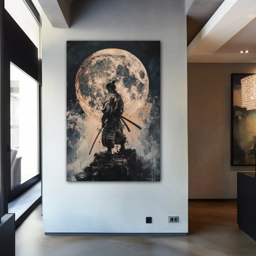 Wall Art titled: Blood Moon Samurai in a Vertical format with: Grey, and Monochromatic Colors; Decoration the Entryway wall