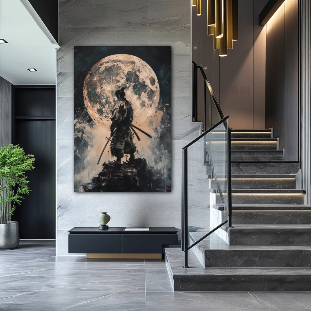 Cuadro luna de sangre samurai en formato vertical con colores gris, monocromático; decorando pared de escalera