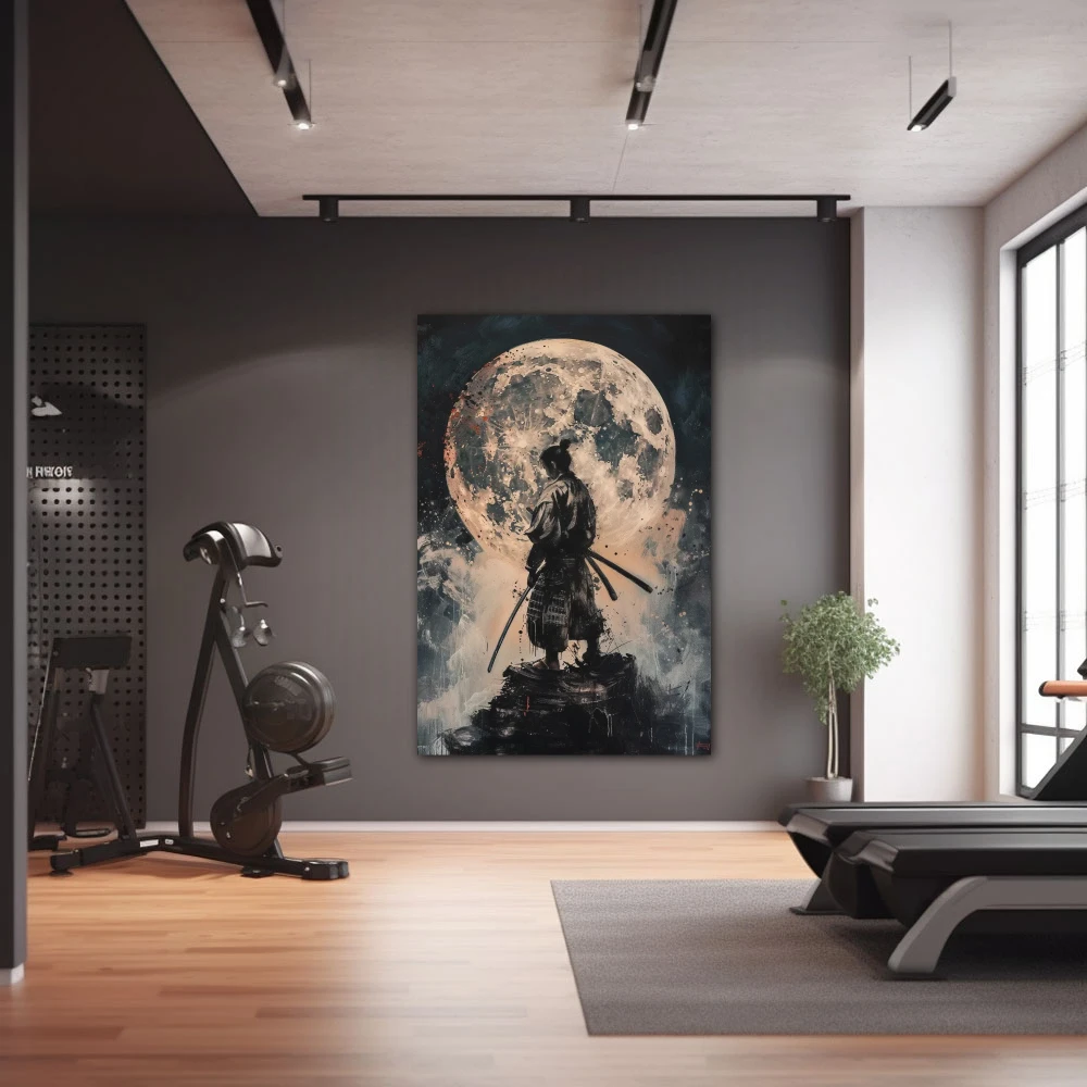 Wall Art titled: Blood Moon Samurai in a Vertical format with: Grey, and Monochromatic Colors; Decoration the Gym wall