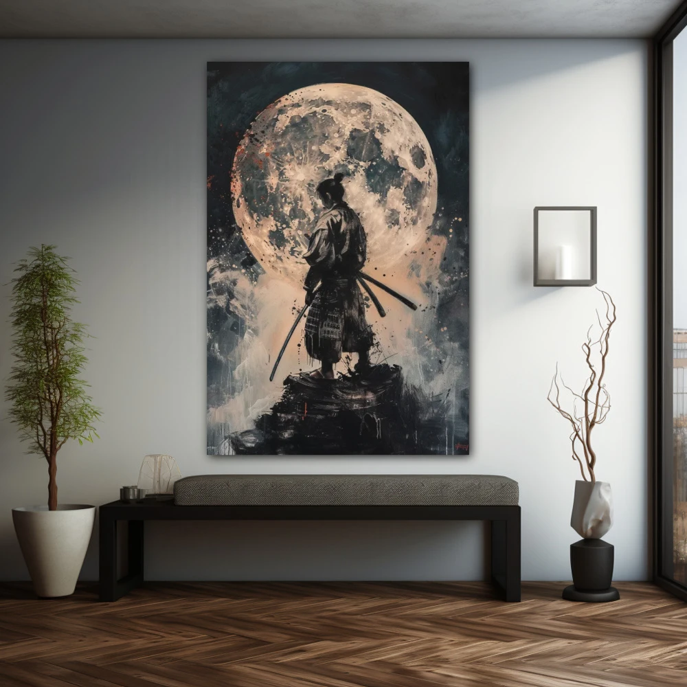 Wall Art titled: Blood Moon Samurai in a Vertical format with: Grey, and Monochromatic Colors; Decoration the Grey Walls wall
