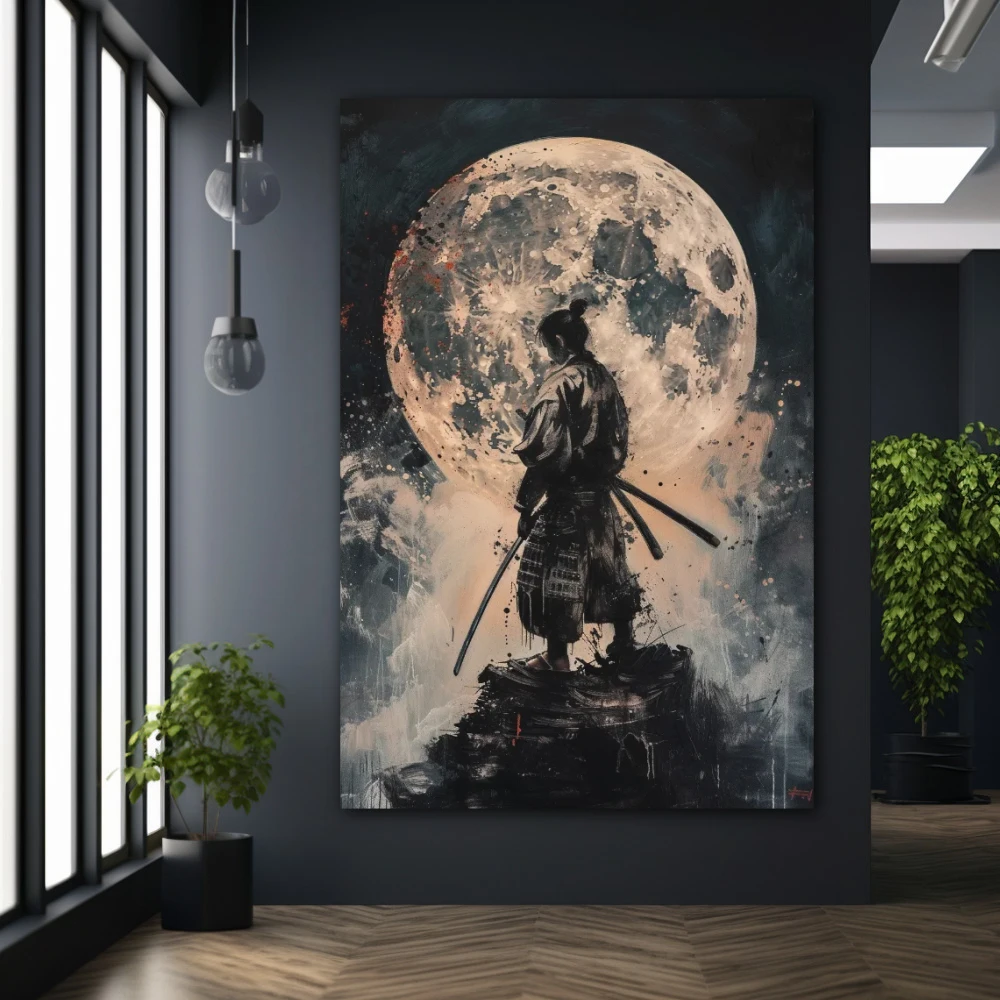 Cuadro luna de sangre samurai en formato vertical con colores gris, monocromático; decorando pared negra