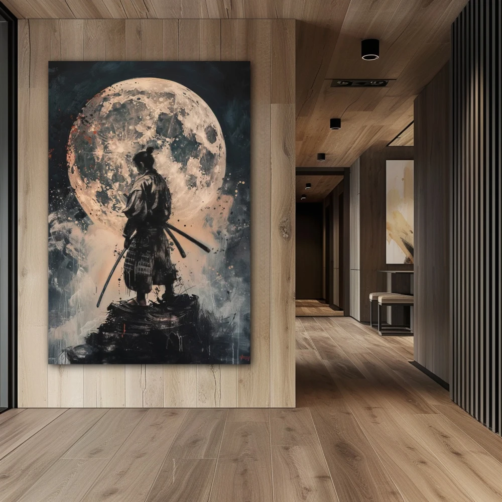 Wall Art titled: Blood Moon Samurai in a Vertical format with: Grey, and Monochromatic Colors; Decoration the Hallway wall
