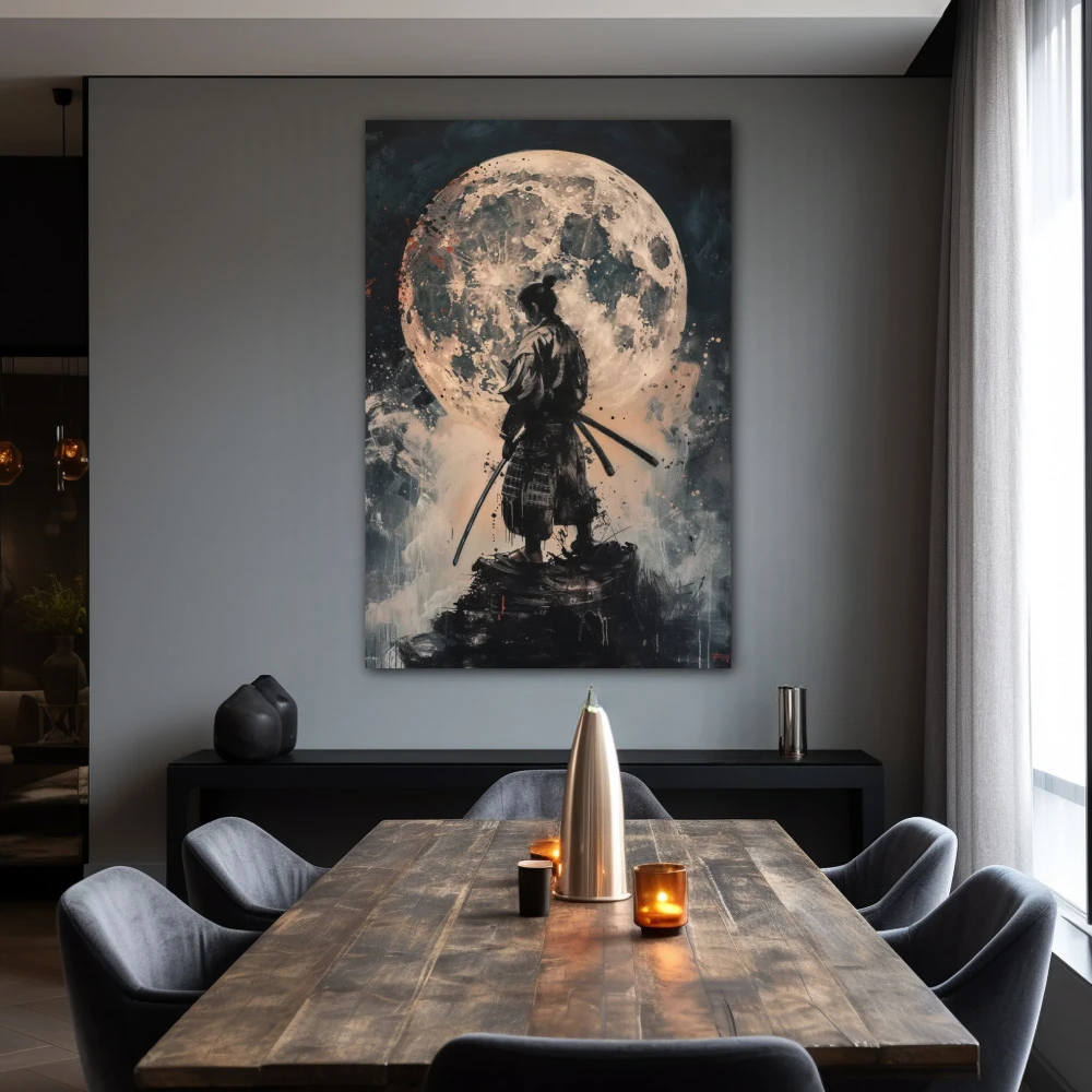 Wall Art titled: Blood Moon Samurai in a Vertical format with: Grey, and Monochromatic Colors; Decoration the Living Room wall