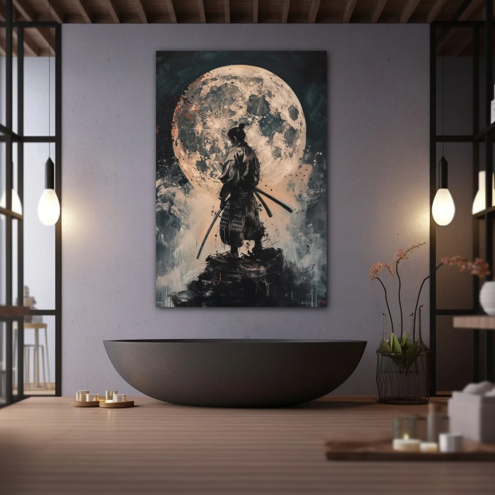 Wall Art titled: Blood Moon Samurai in a Vertical format with: Grey, and Monochromatic Colors; Decoration the Wellbeing wall