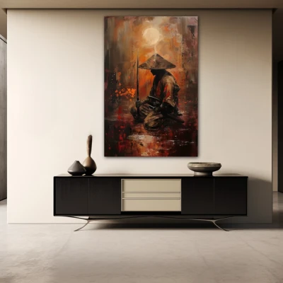 Wall Art titled: Quintessence of a Samurai in a  format with: Brown, Orange, and Red Colors; Decoration the Sideboard wall