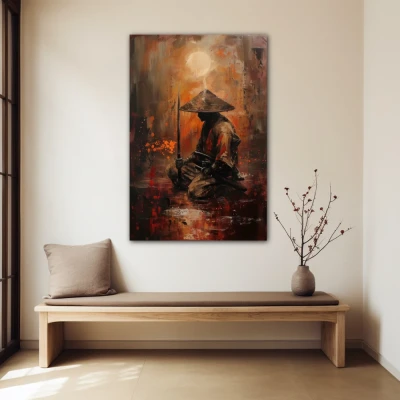 Wall Art titled: Quintessence of a Samurai in a  format with: Brown, Orange, and Red Colors; Decoration the Beige Wall wall