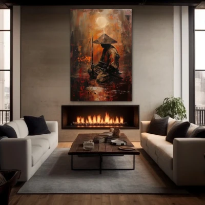 Wall Art titled: Quintessence of a Samurai in a  format with: Brown, Orange, and Red Colors; Decoration the Fireplace wall