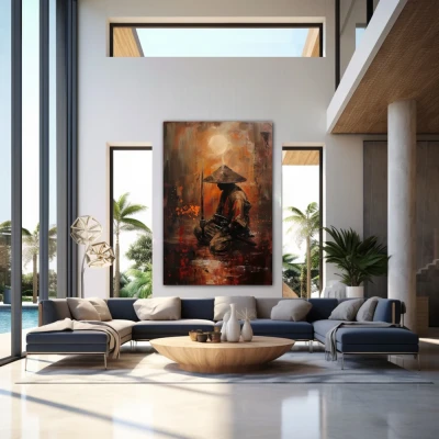 Wall Art titled: Quintessence of a Samurai in a  format with: Brown, Orange, and Red Colors; Decoration the Above Couch wall