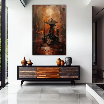 Wall Art titled: Quintessence of a Samurai in a  format with: Brown, Orange, and Red Colors; Decoration the Entryway wall