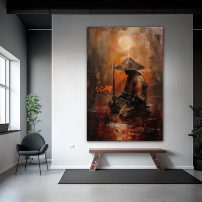 Wall Art titled: Quintessence of a Samurai in a  format with: Brown, Orange, and Red Colors; Decoration the Gym wall