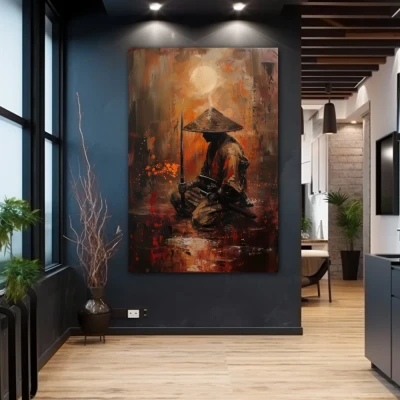 Wall Art titled: Quintessence of a Samurai in a  format with: Brown, Orange, and Red Colors; Decoration the Grey Walls wall