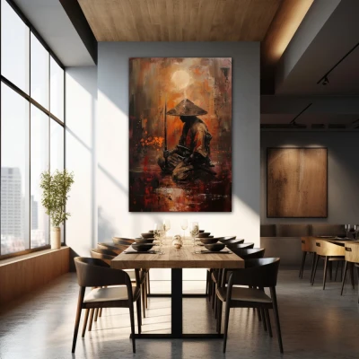 Wall Art titled: Quintessence of a Samurai in a  format with: Brown, Orange, and Red Colors; Decoration the Restaurant wall