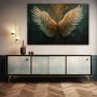 Wall Art titled: Fly High in a Horizontal format with: white, and Golden Colors; Decoration the Sideboard wall