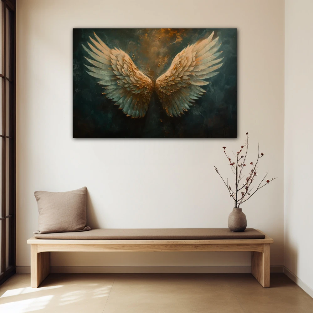 Wall Art titled: Fly High in a Horizontal format with: white, and Golden Colors; Decoration the Beige Wall wall