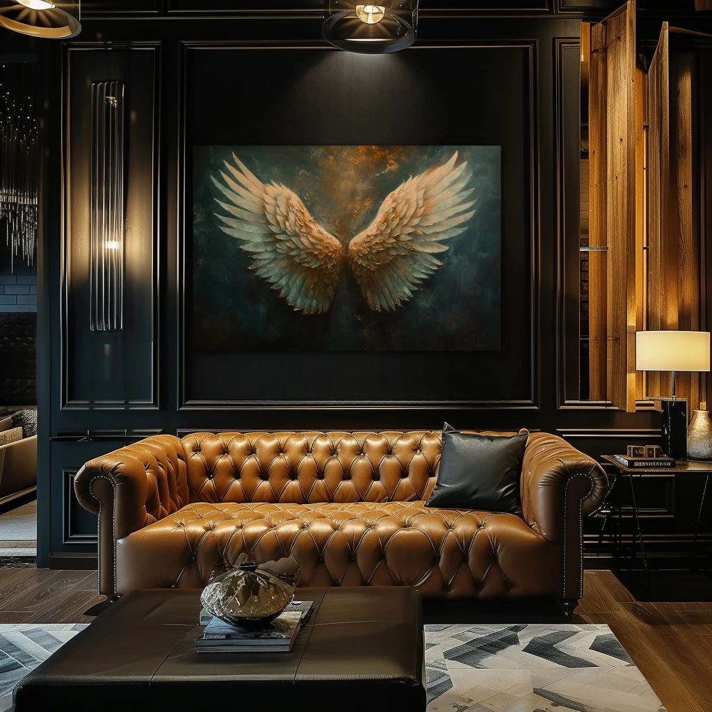 Wall Art titled: Fly High in a Horizontal format with: white, and Golden Colors; Decoration the Above Couch wall