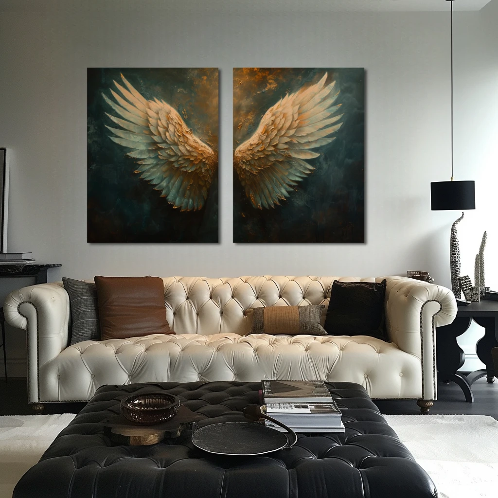 Cuadro vuela alto en formato díptico con colores blanco, dorado; decorando pared de encima del sofá