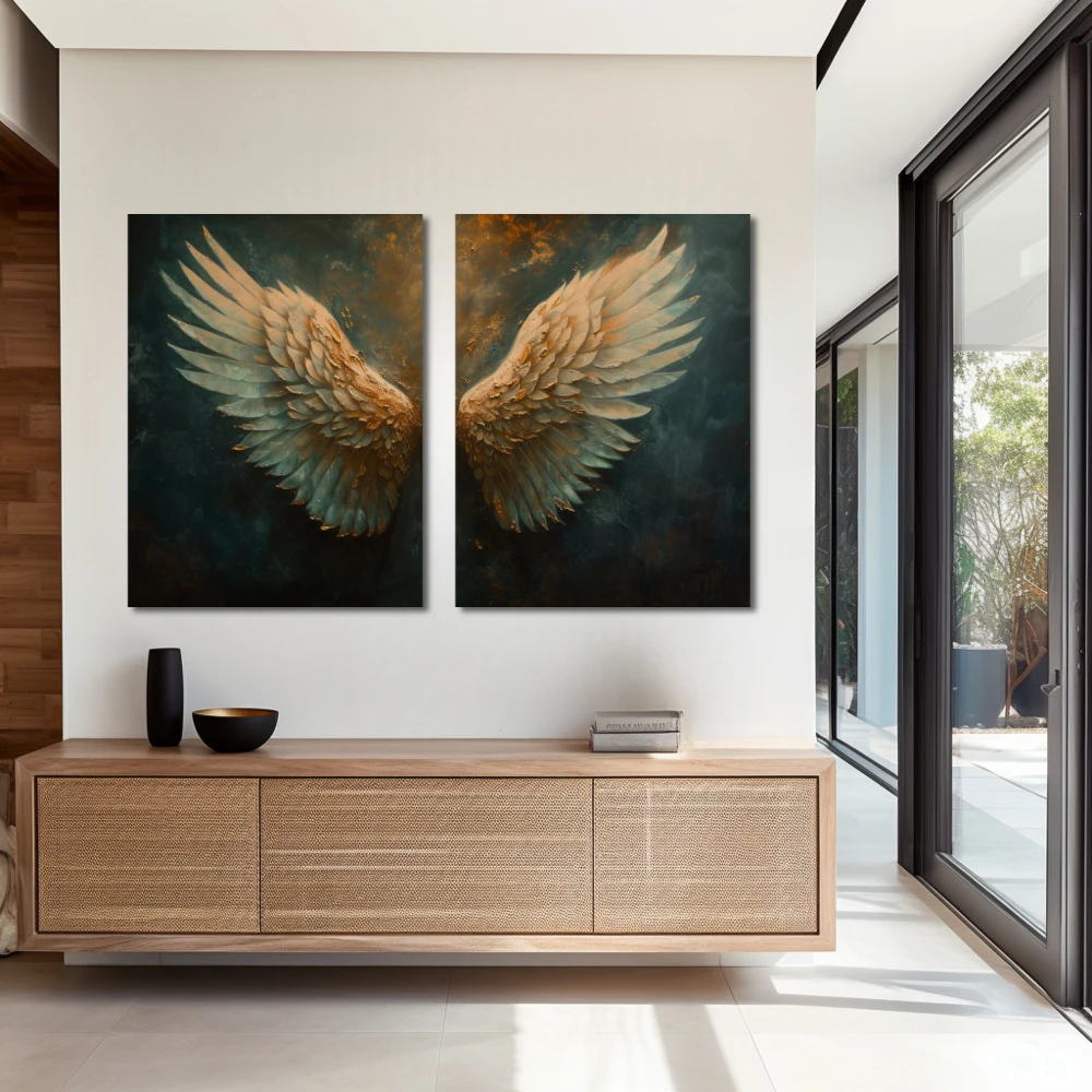 Wall Art titled: Fly High in a Horizontal format with: white, and Golden Colors; Decoration the Entryway wall