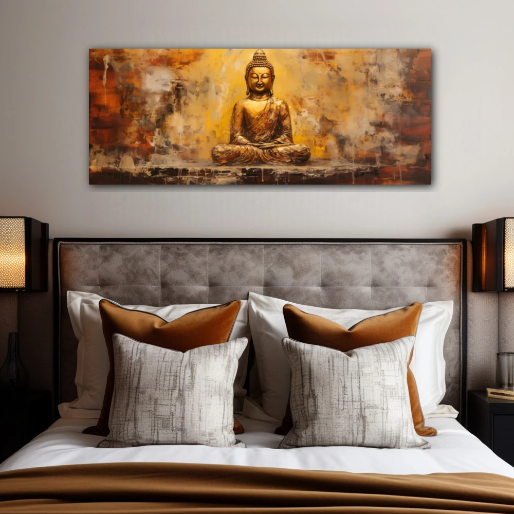 Cuadro paz y armonía en formato apaisado con colores dorado, marrón; decorando pared de habitación dormitorio