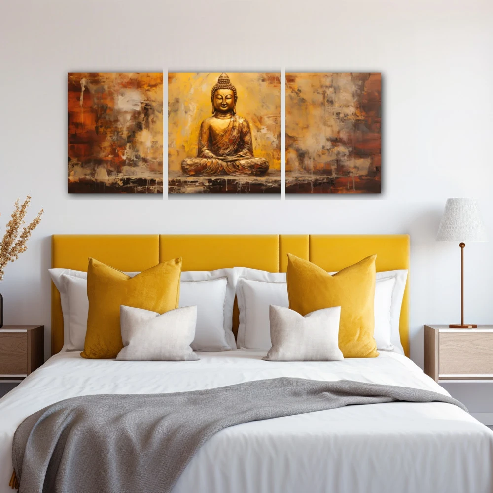 Cuadro paz y armonía en formato políptico con colores dorado, marrón; decorando pared de habitación dormitorio