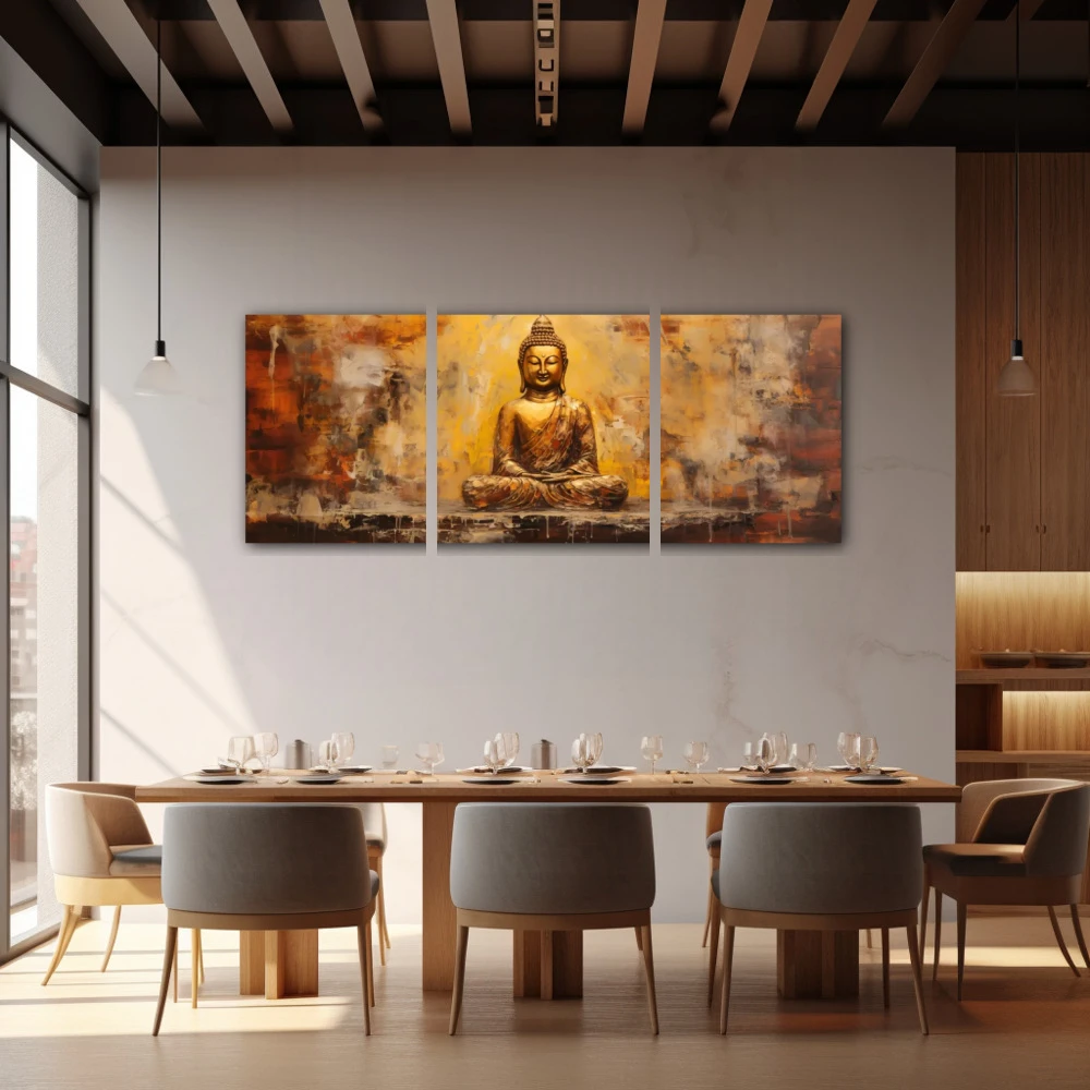Cuadro paz y armonía en formato políptico con colores dorado, marrón; decorando pared de restaurante
