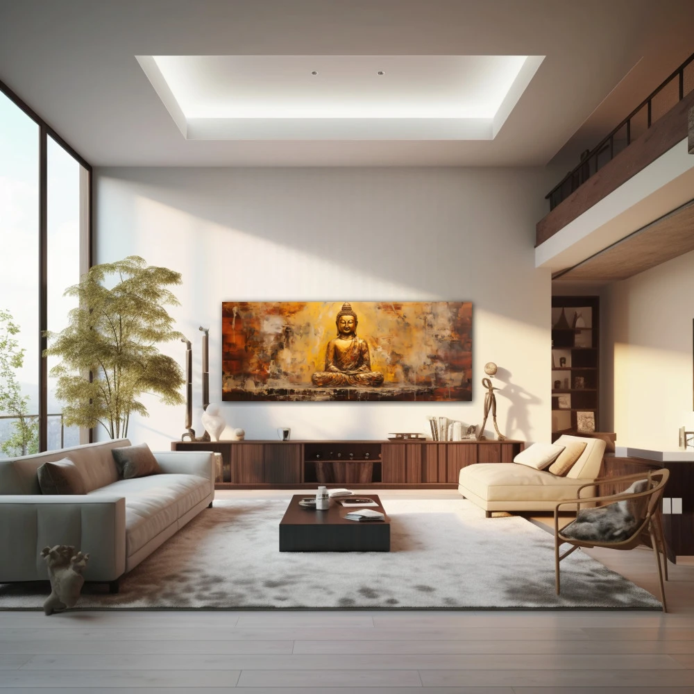 Cuadro paz y armonía en formato apaisado con colores dorado, marrón; decorando pared de salón comedor