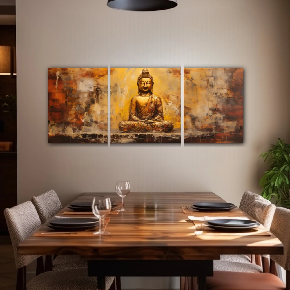 Cuadro paz y armonía en formato políptico con colores dorado, marrón; decorando pared de salón comedor