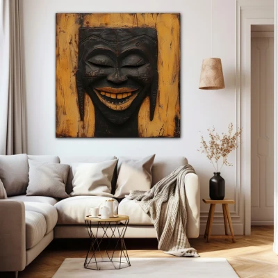 Wall Art titled: Echos of a Smile in a Square format with: Brown, and Black Colors; Decoration the Beige Wall wall