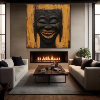 Wall Art titled: Echos of a Smile in a Square format with: Brown, and Black Colors; Decoration the Fireplace wall