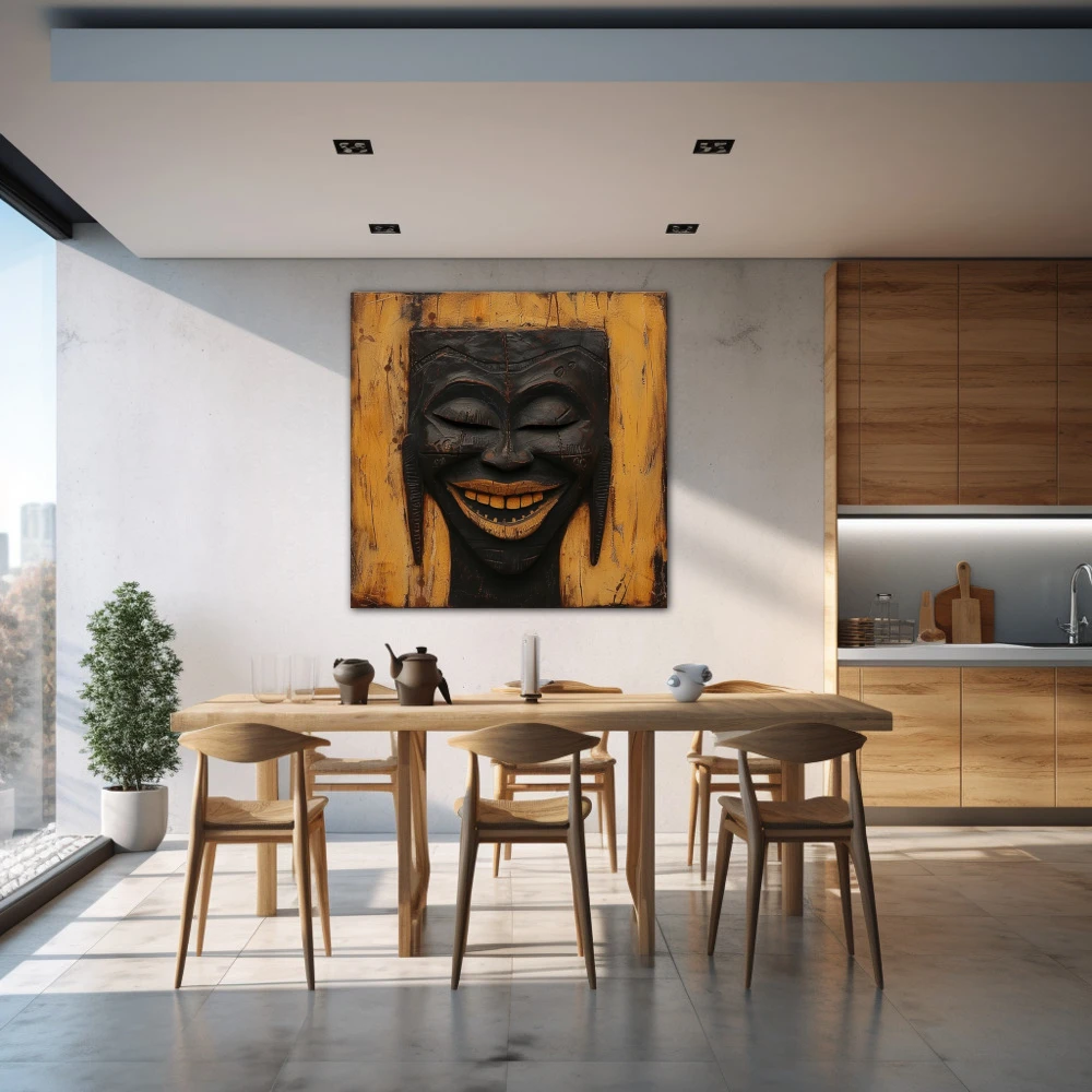 Cuadro ecos de una sonrisa en formato cuadrado con colores marrón, negro; decorando pared de cocina