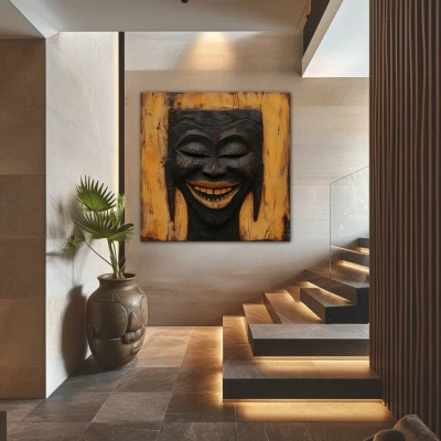Wall Art titled: Echos of a Smile in a  format with: Brown, and Black Colors; Decoration the Staircase wall