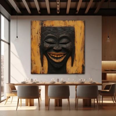 Wall Art titled: Echos of a Smile in a Square format with: Brown, and Black Colors; Decoration the Restaurant wall